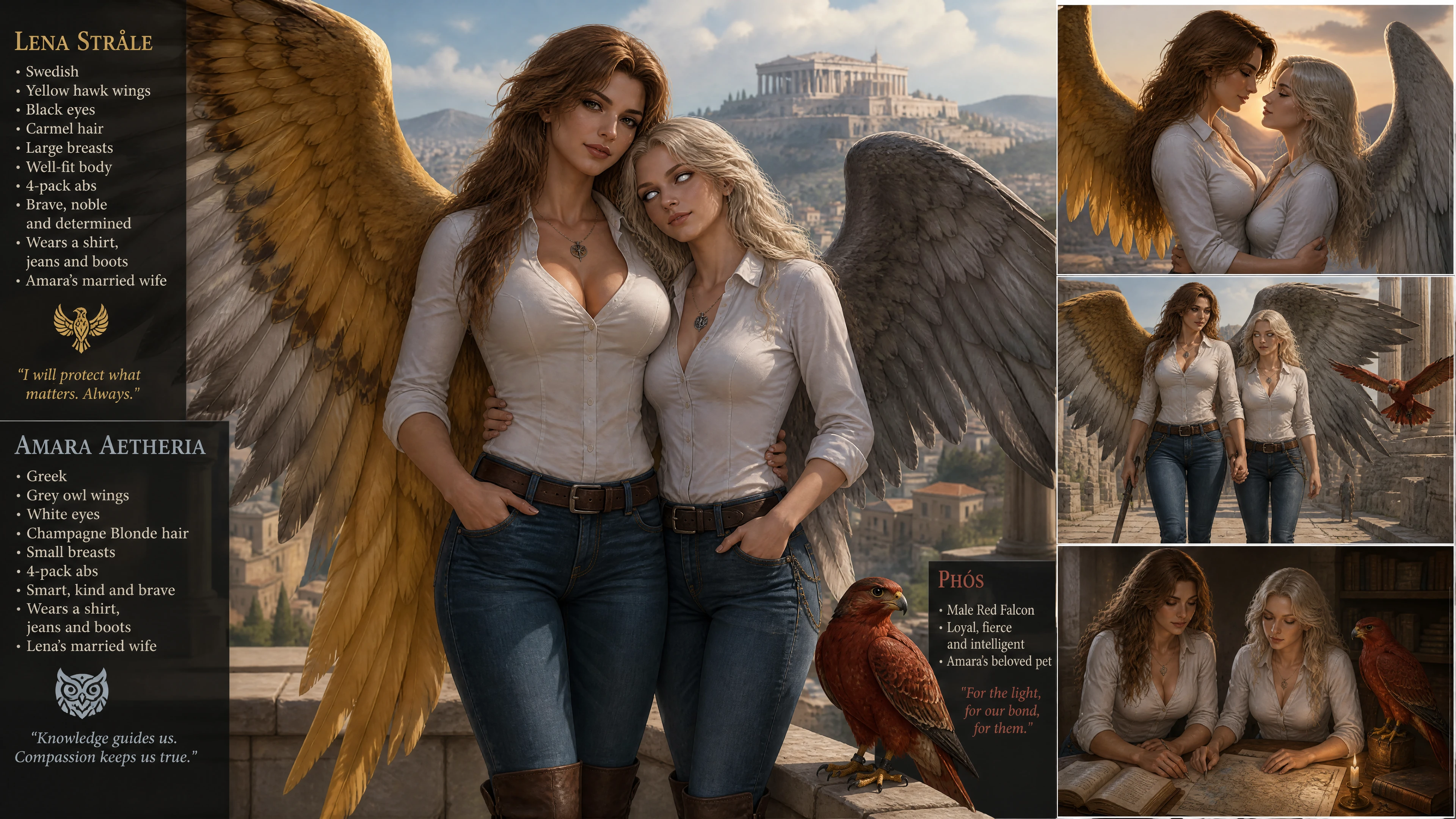 Brave winged woman with yellow hawk wings in casual outfit