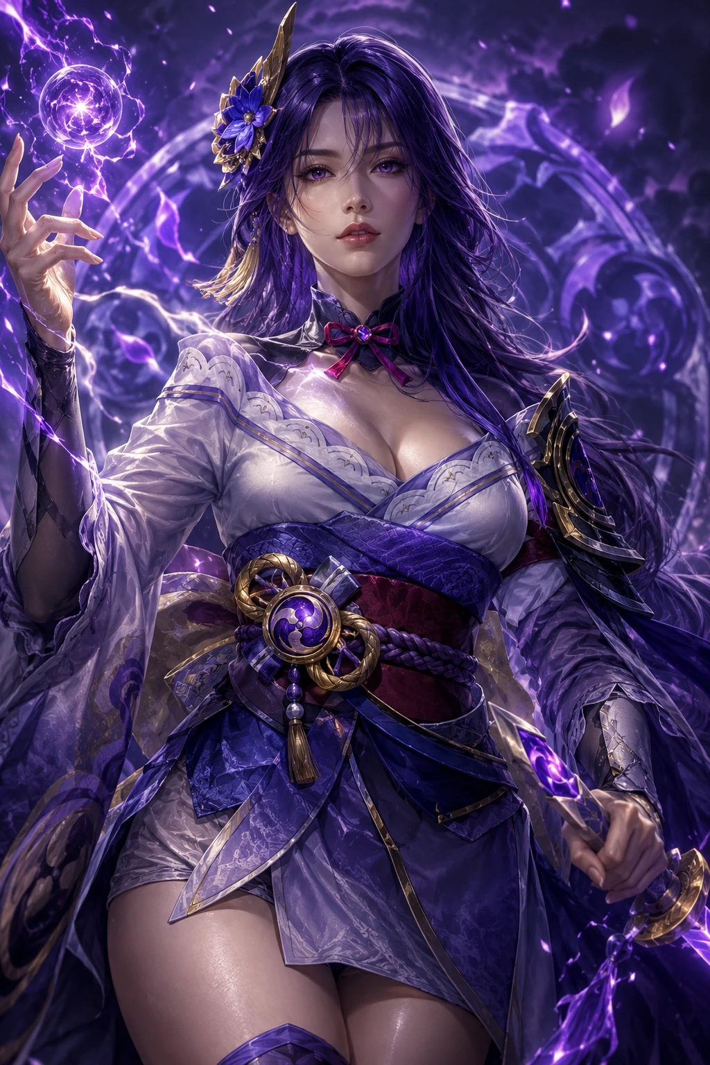 Ritratto di una potente guerriera in stile fantasy luminoso