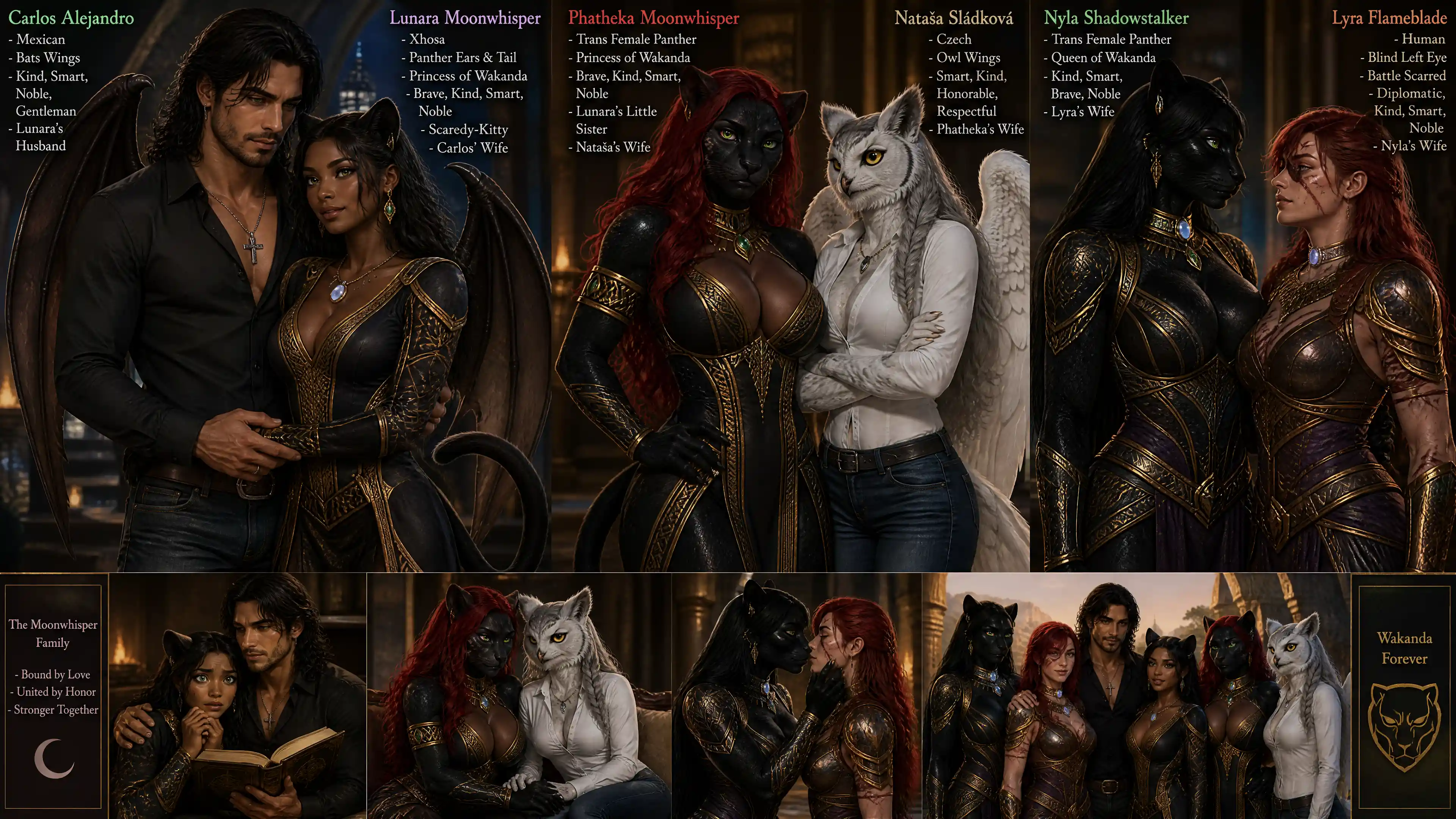 Fantasy couple with bat wings and panther features standing together