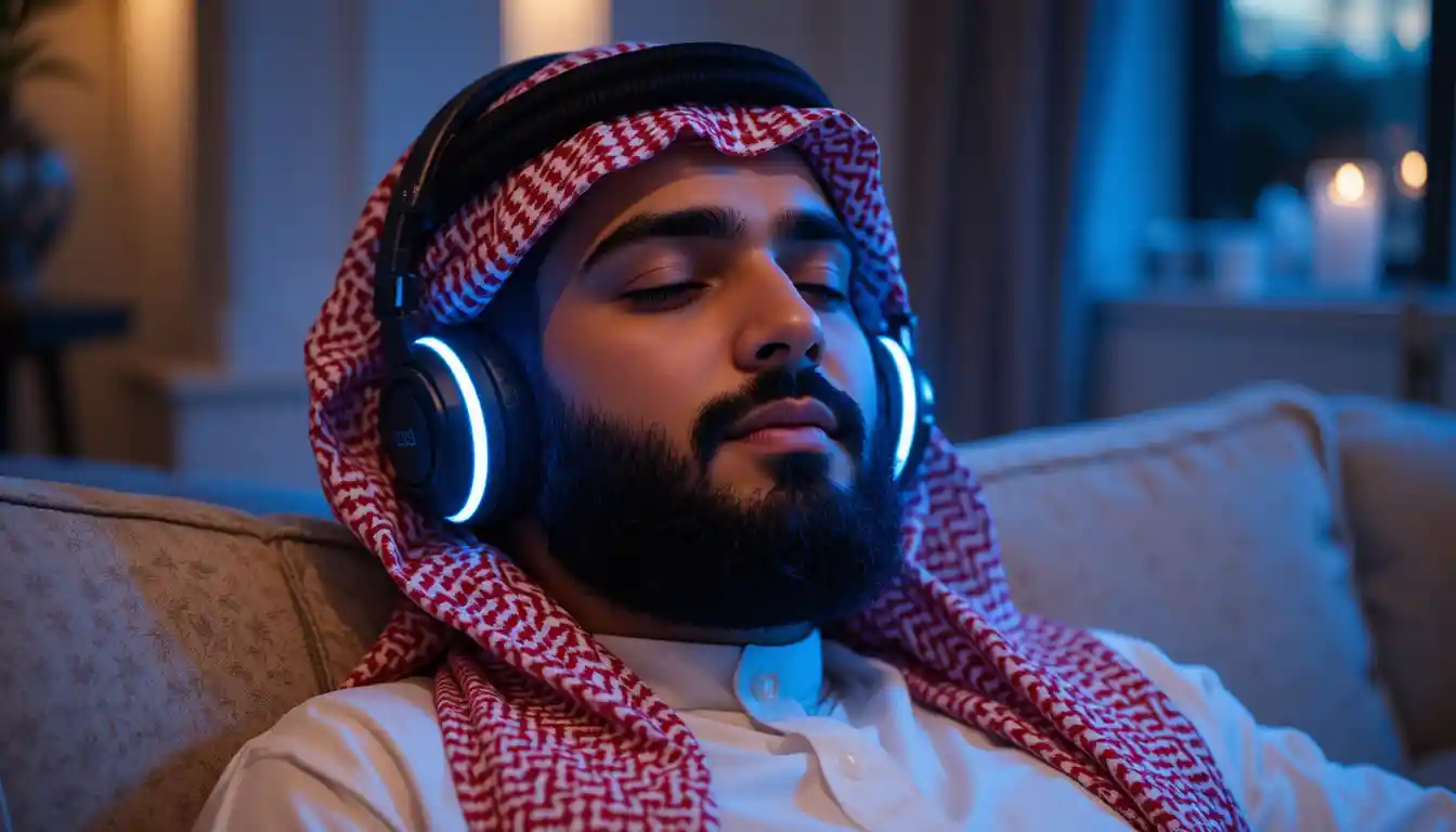 Middle Eastern man relaxing with headphones at night