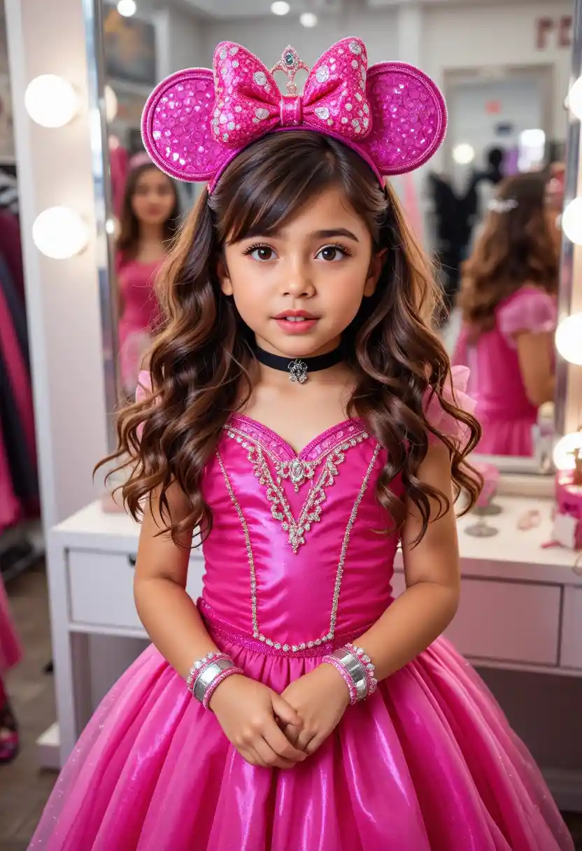 Nervous boy dressed as a pink princess in dress shop