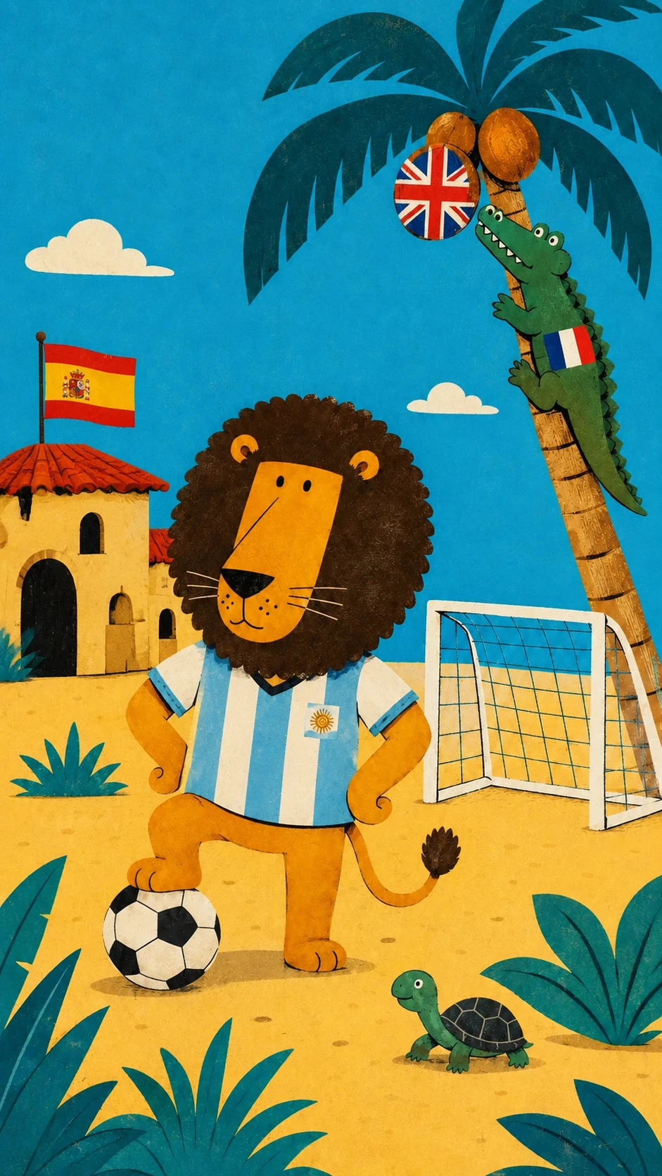 Lion with different national flags on various objects