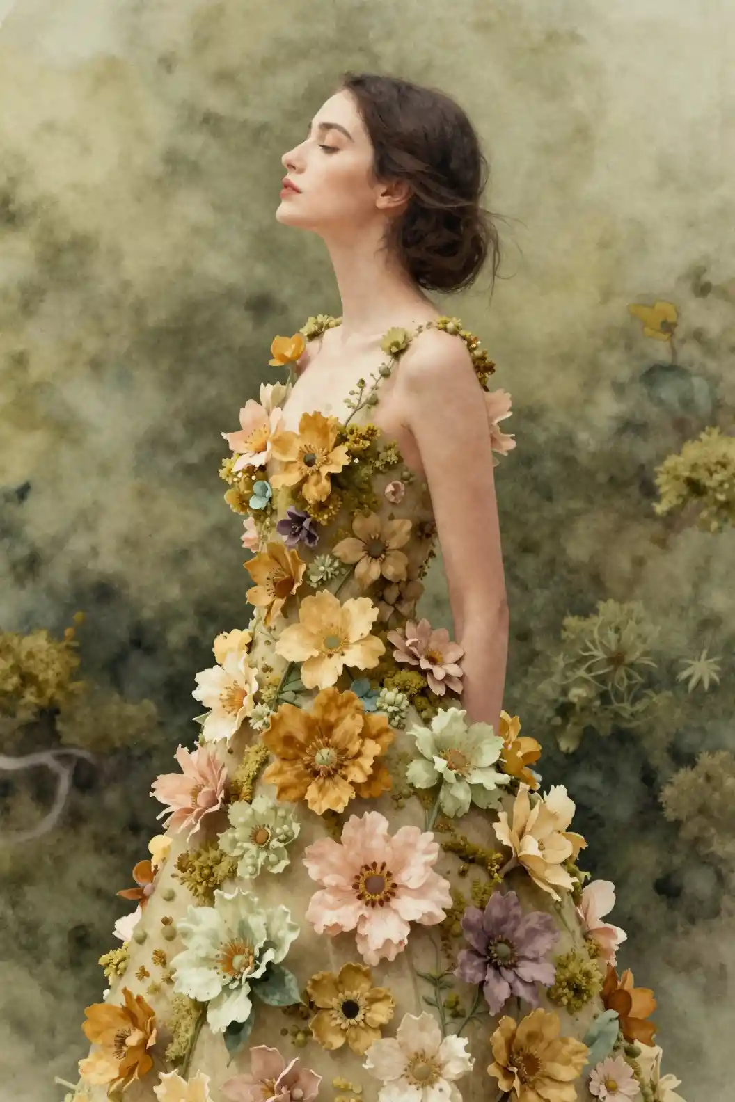Woman in floral dress against moss green backdrop