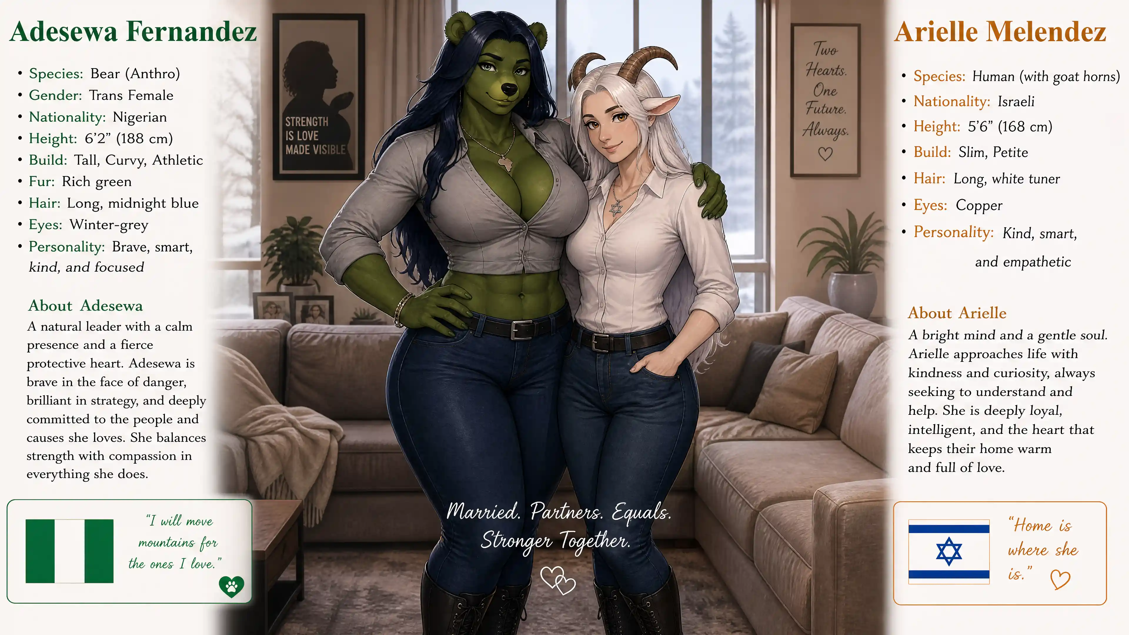Tall green fur bear woman with blue hair in casual wear