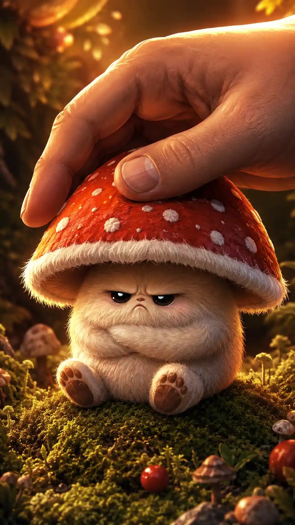 Grumpy fluffy mushroom creature petted on soft moss