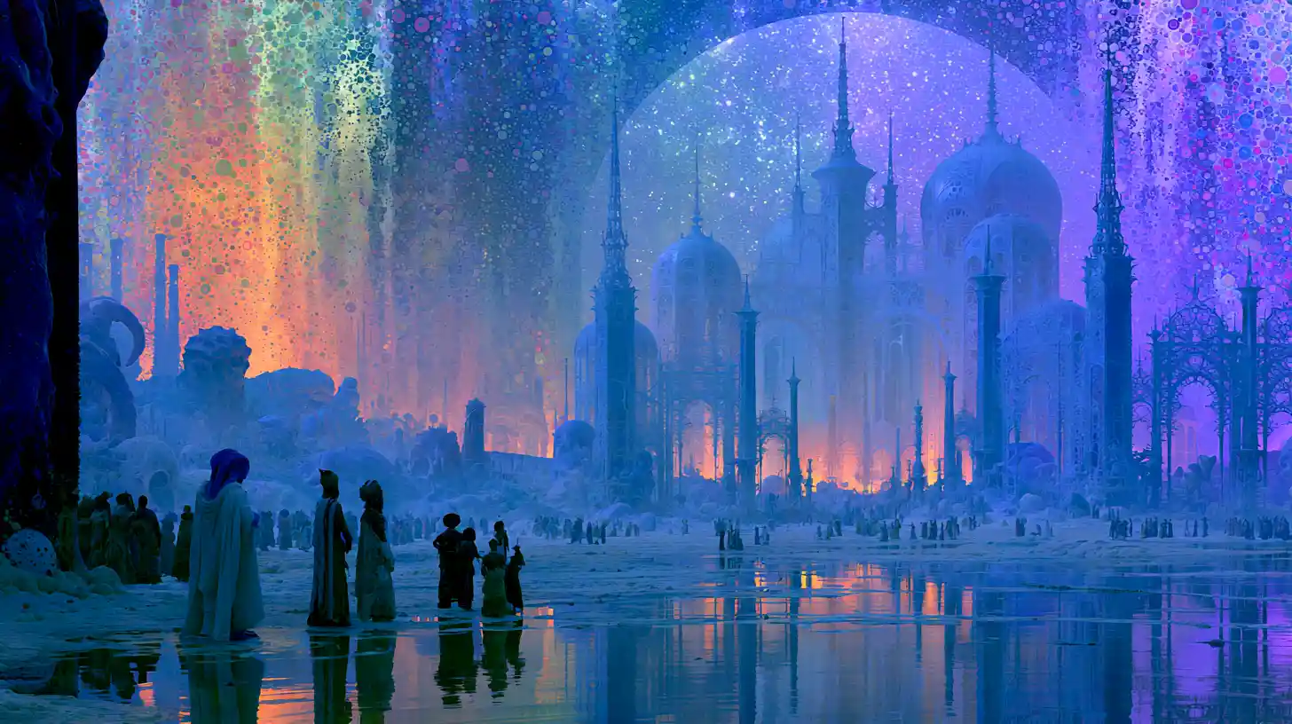 Surreal futuristic Atlantis city of many cultures and species