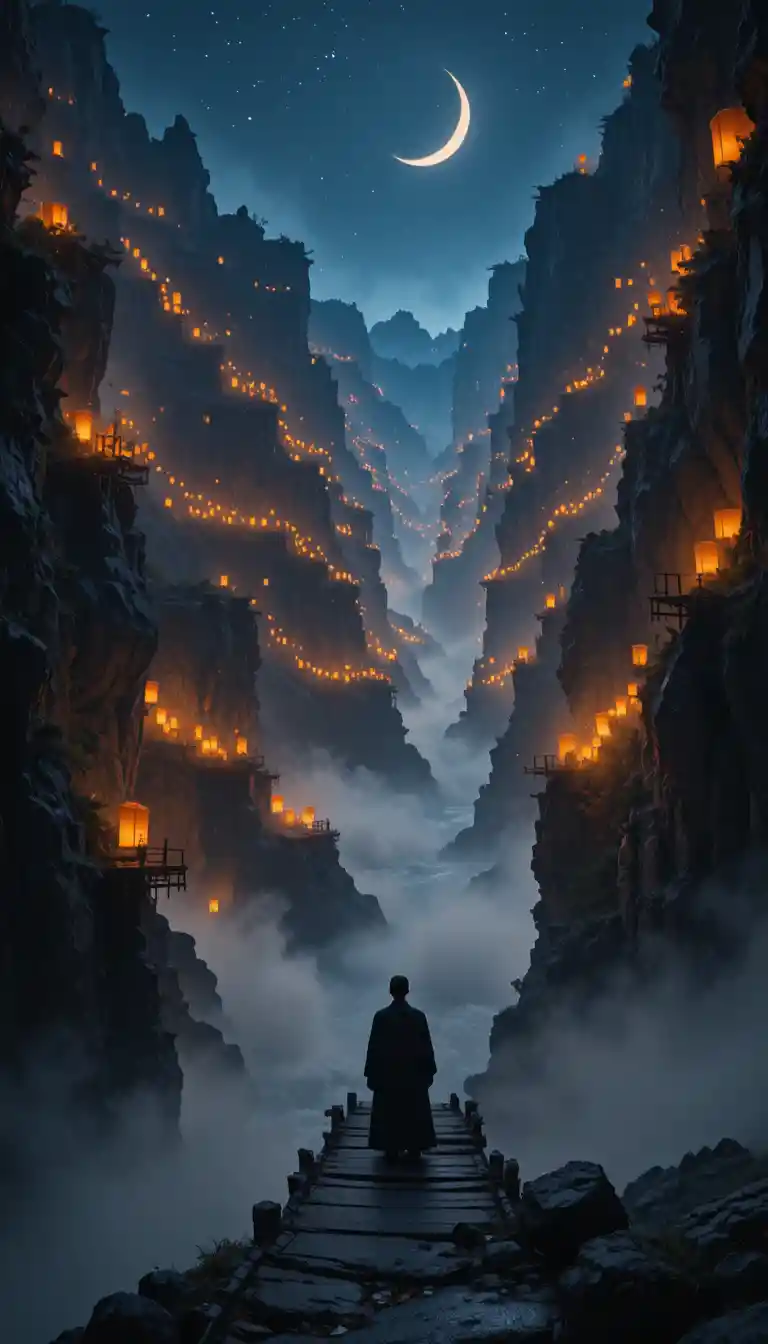Lantern lit canyon at night with lone figure in fog