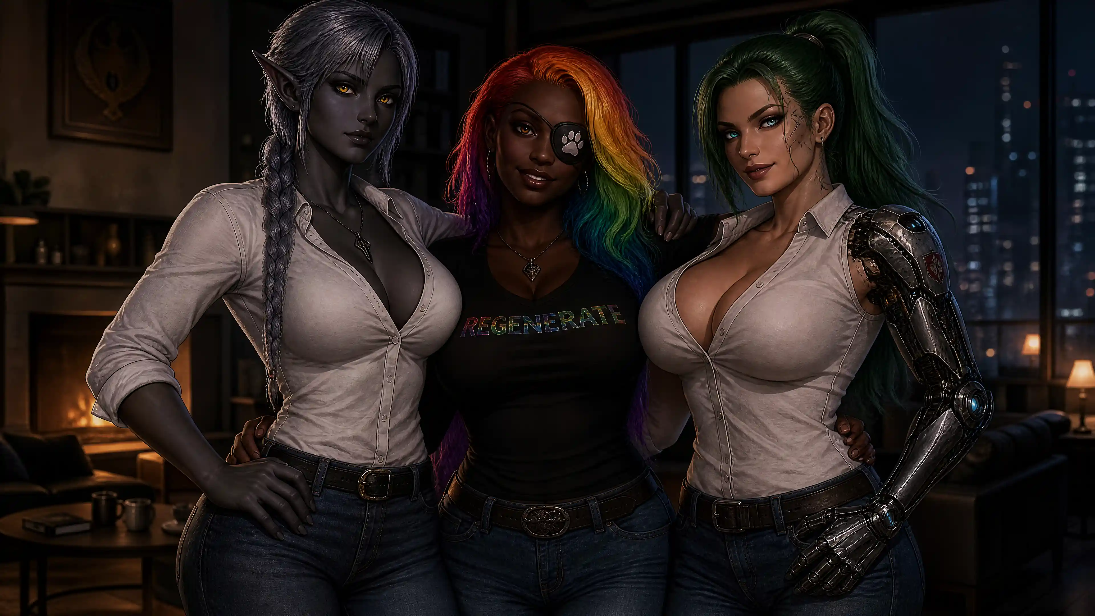 Tall dark elf woman in casual modern clothing