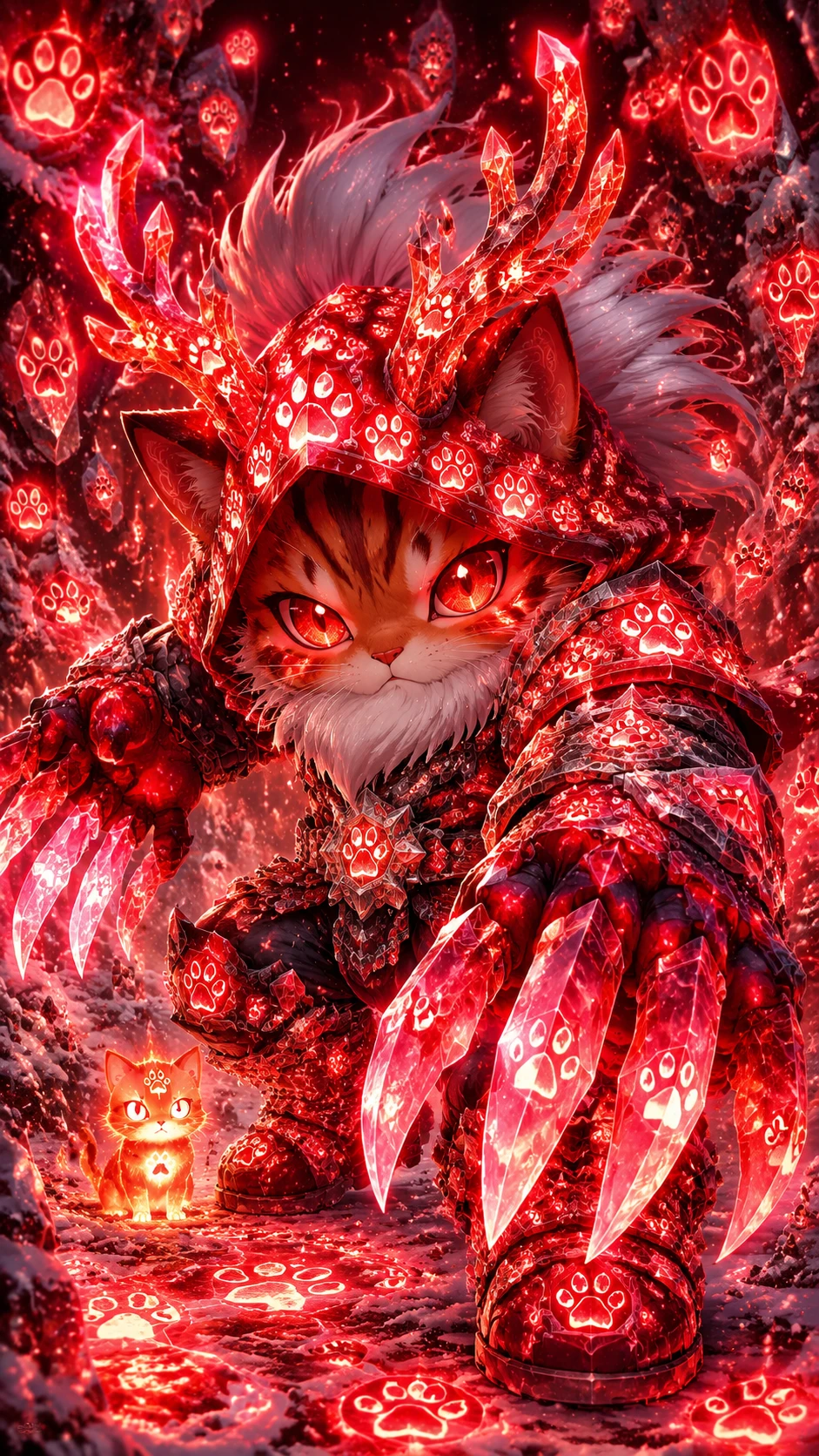 Crystal armored anime cat warrior in a glowing forest