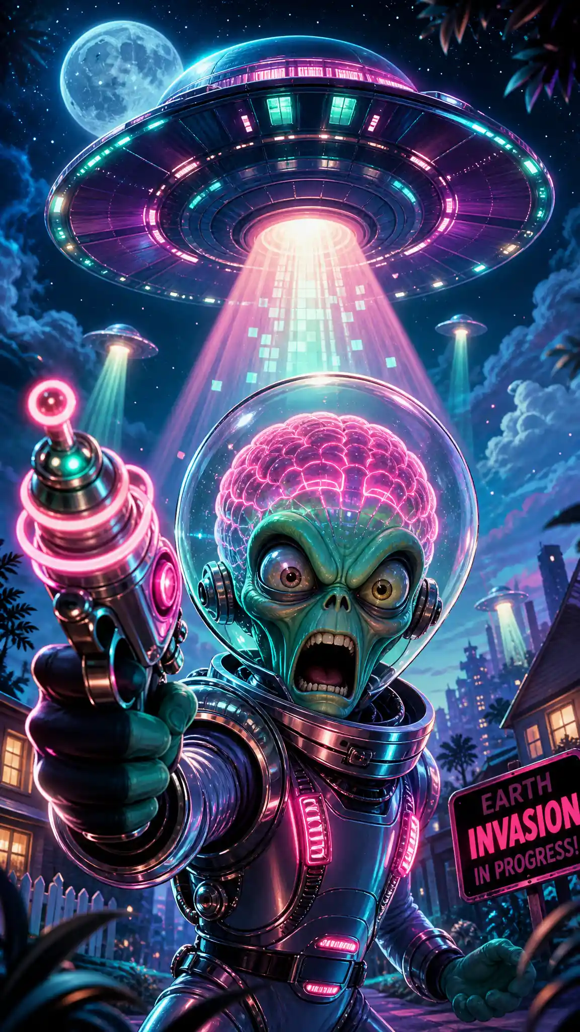 Retro sci fi alien under a glowing hovering ufo beam