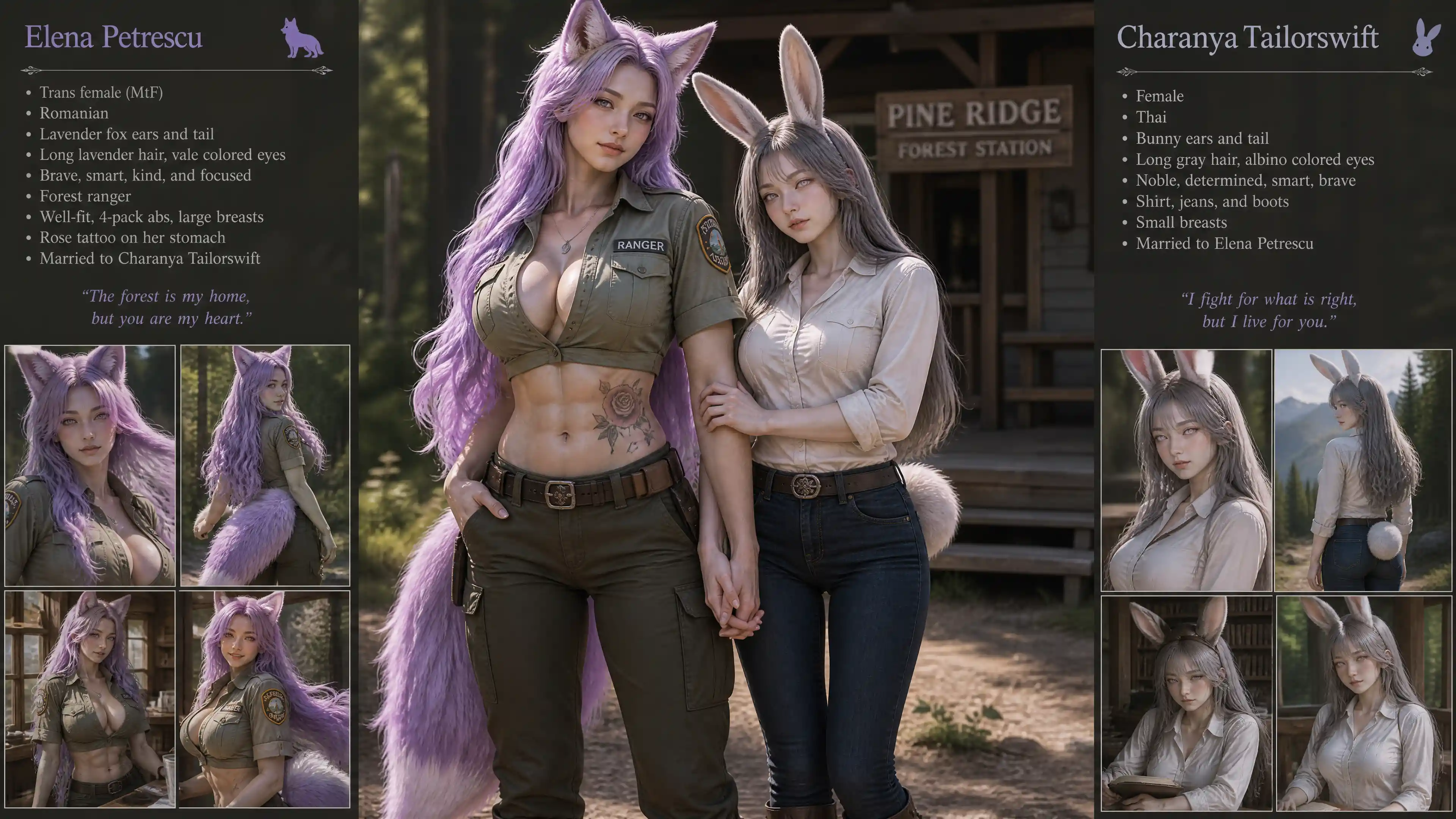 Lavender haired fox eared ranger woman with tattoo