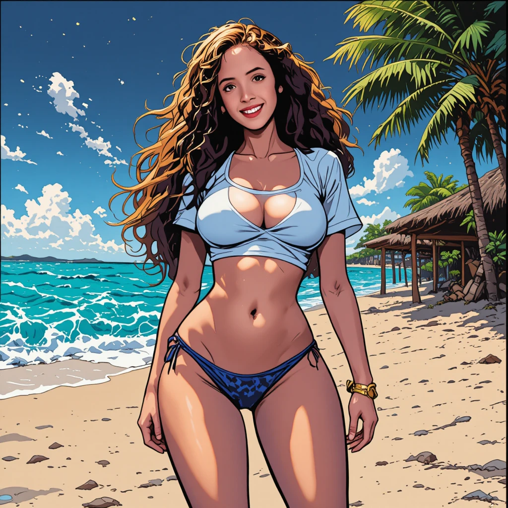 Curvy woman in bikini and white shirt at sunny beach