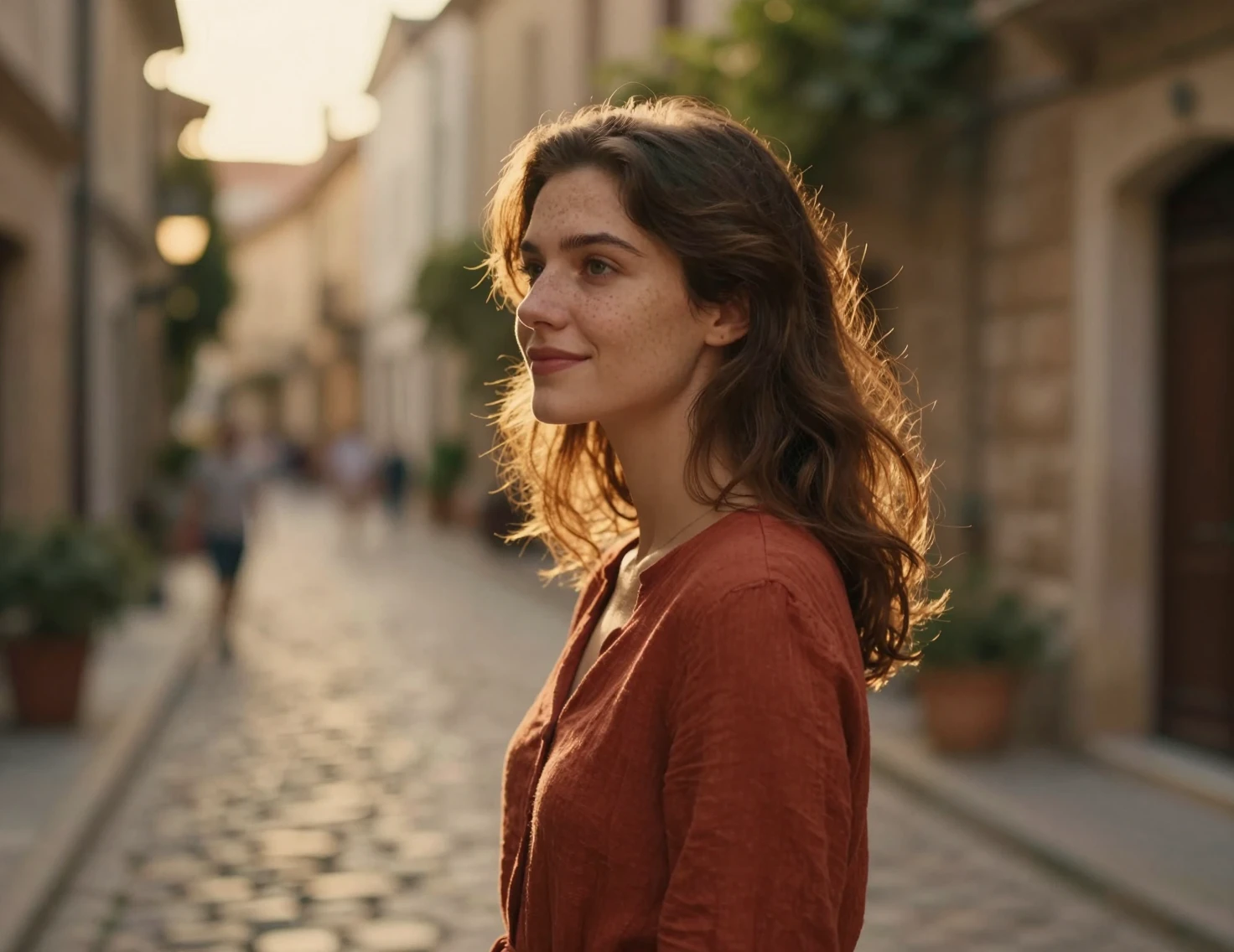 Young woman in golden hour light in old town alley