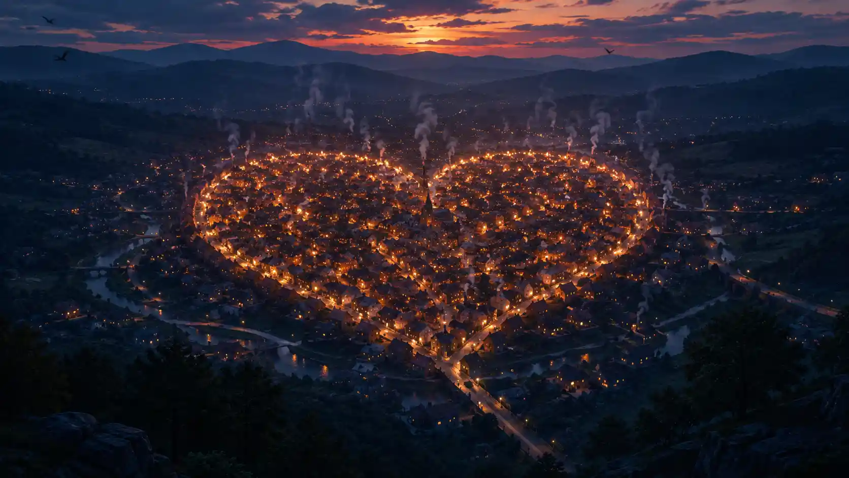 Dusk village glowing with windows forming a distant heart