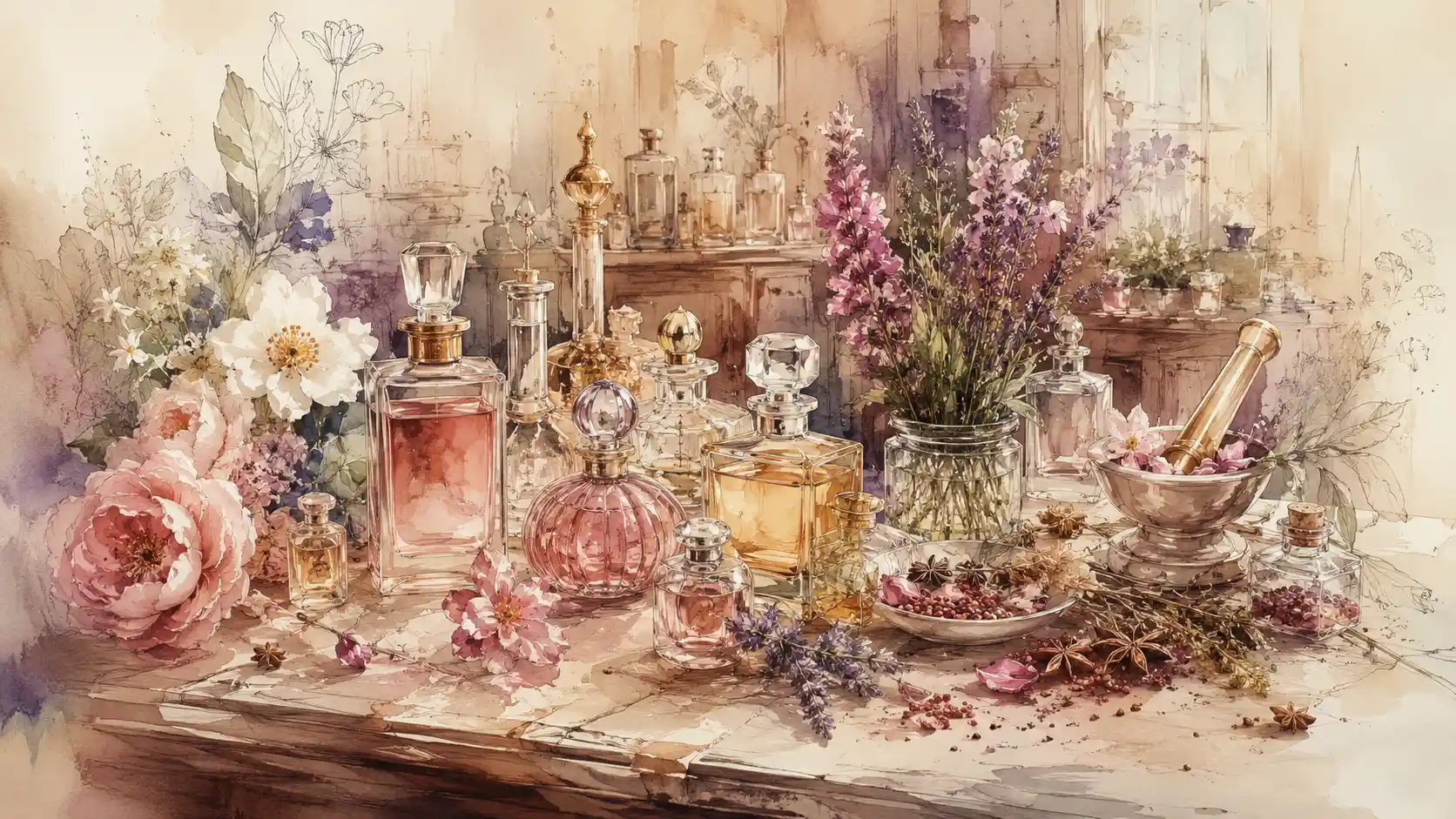 Artistic close up of perfume bottles on vintage table