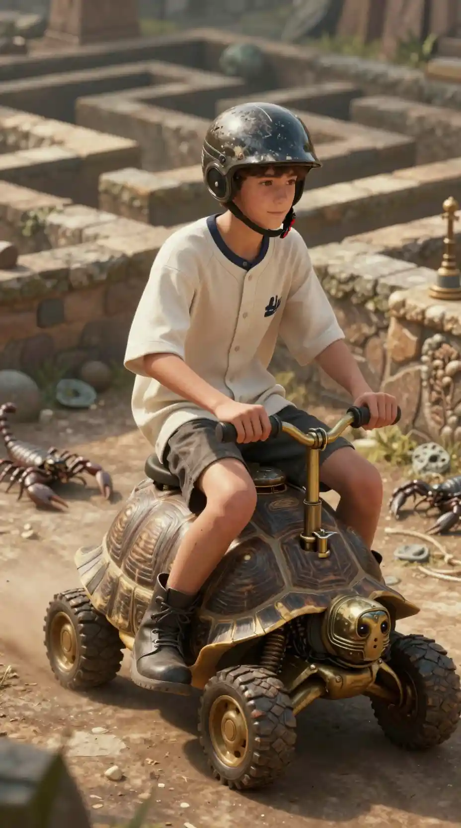 Teenage boy riding a tortoise automaton in ancient maze