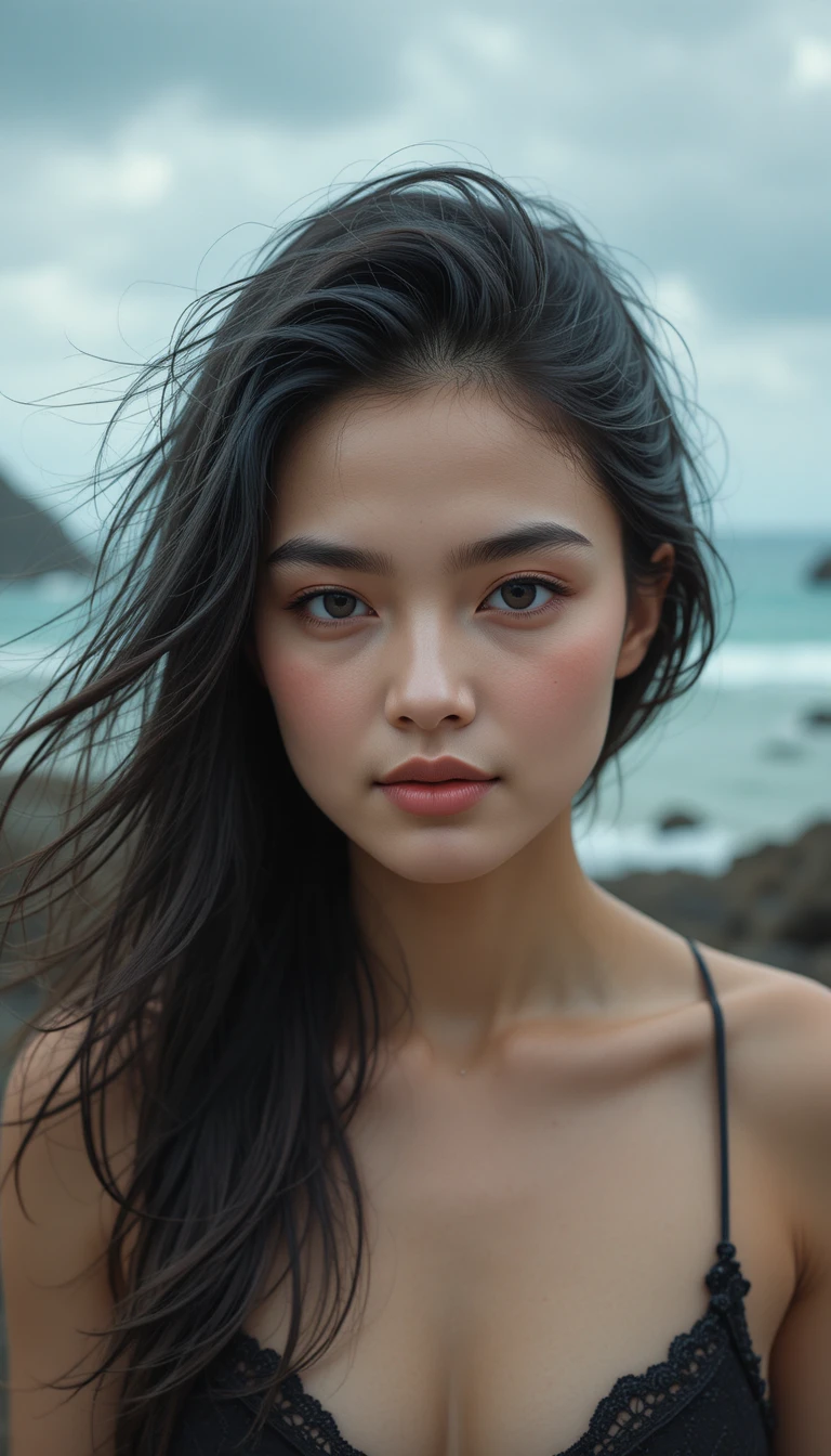 Extreme close up of girl by the sea with soft smile