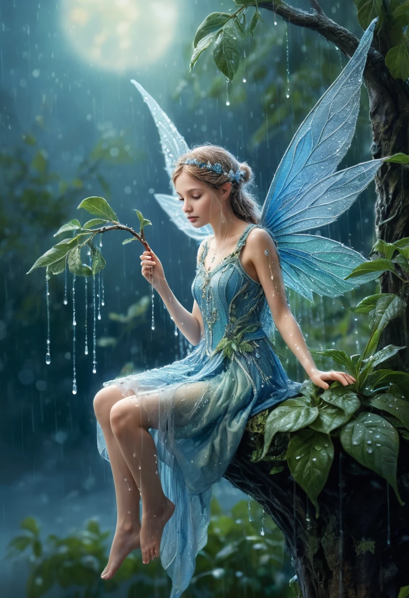 Delicate Blue Fairy On Branch In Misty Embroidered Rain