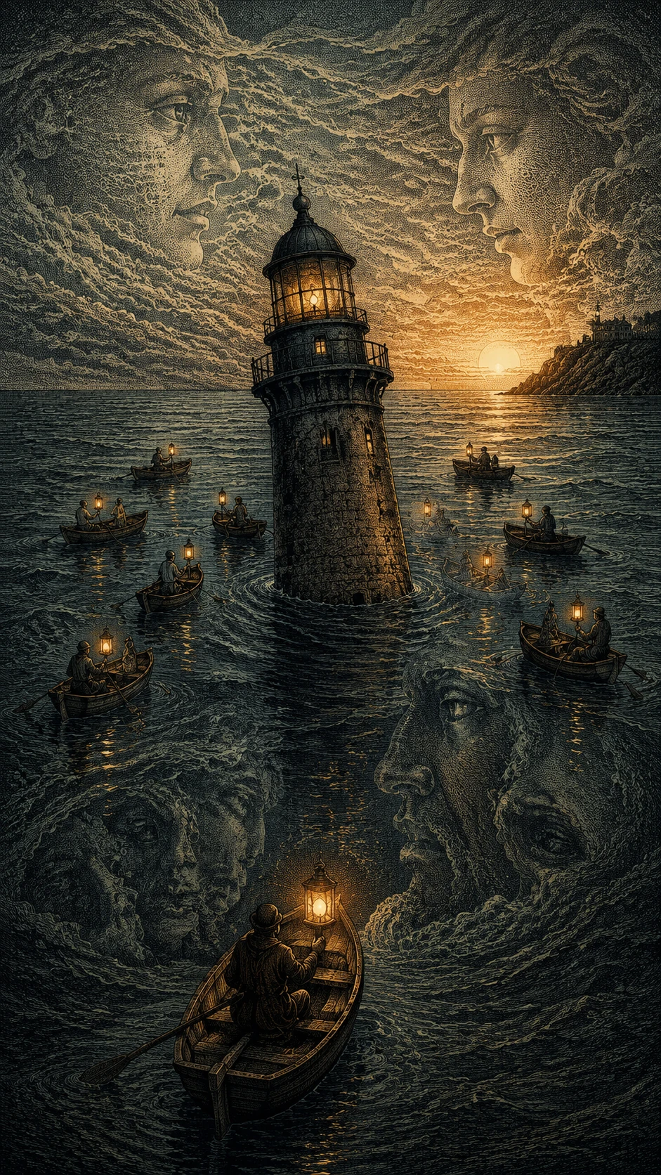 Weathered lighthouse sinking into calm ocean among lantern boats
