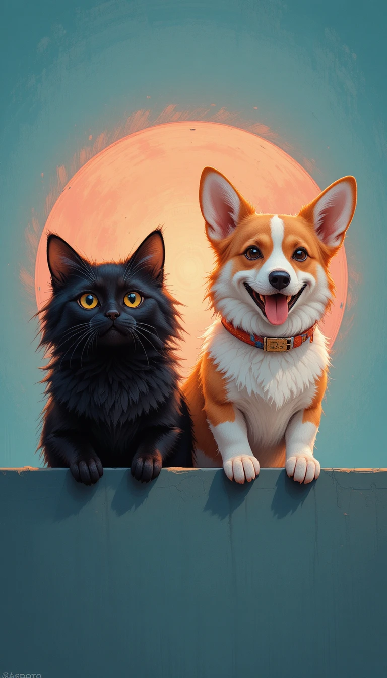 Fluffy black cat and corgi in warm close up scene