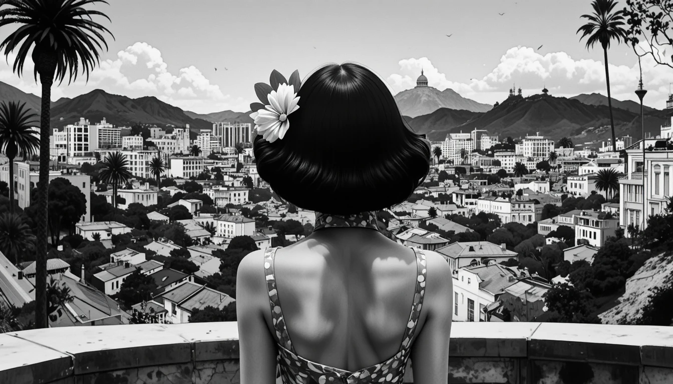 Black and white close up of a glamorous woman in city