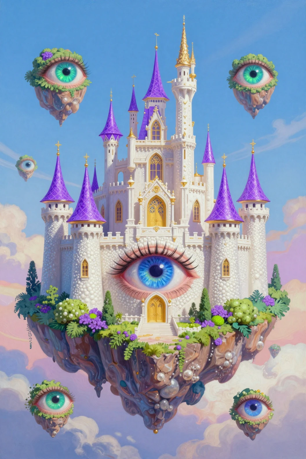 Floating pearl castle in the sky with neon towers