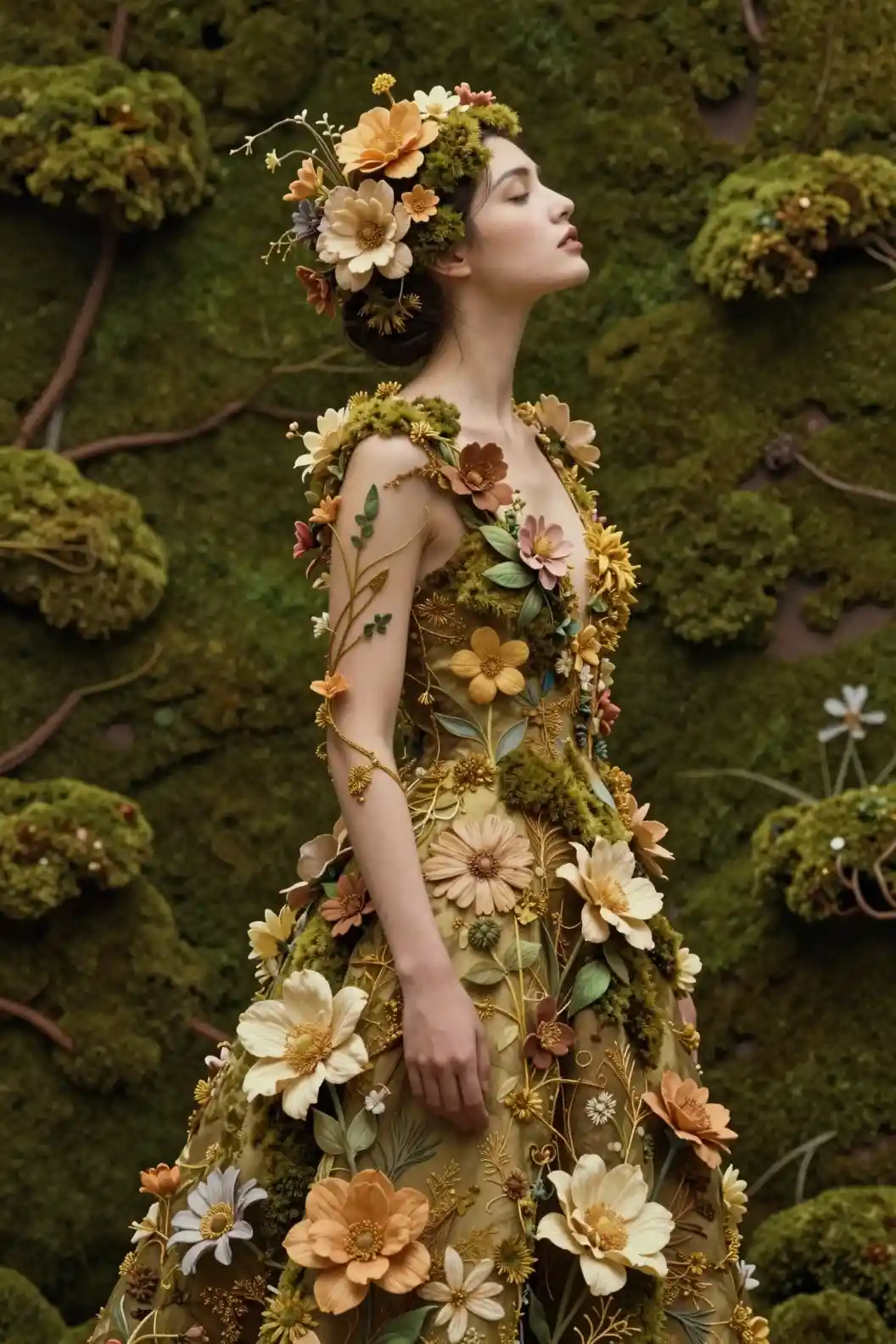 Mulher elegante em vestido floral diante de fundo verde musgo