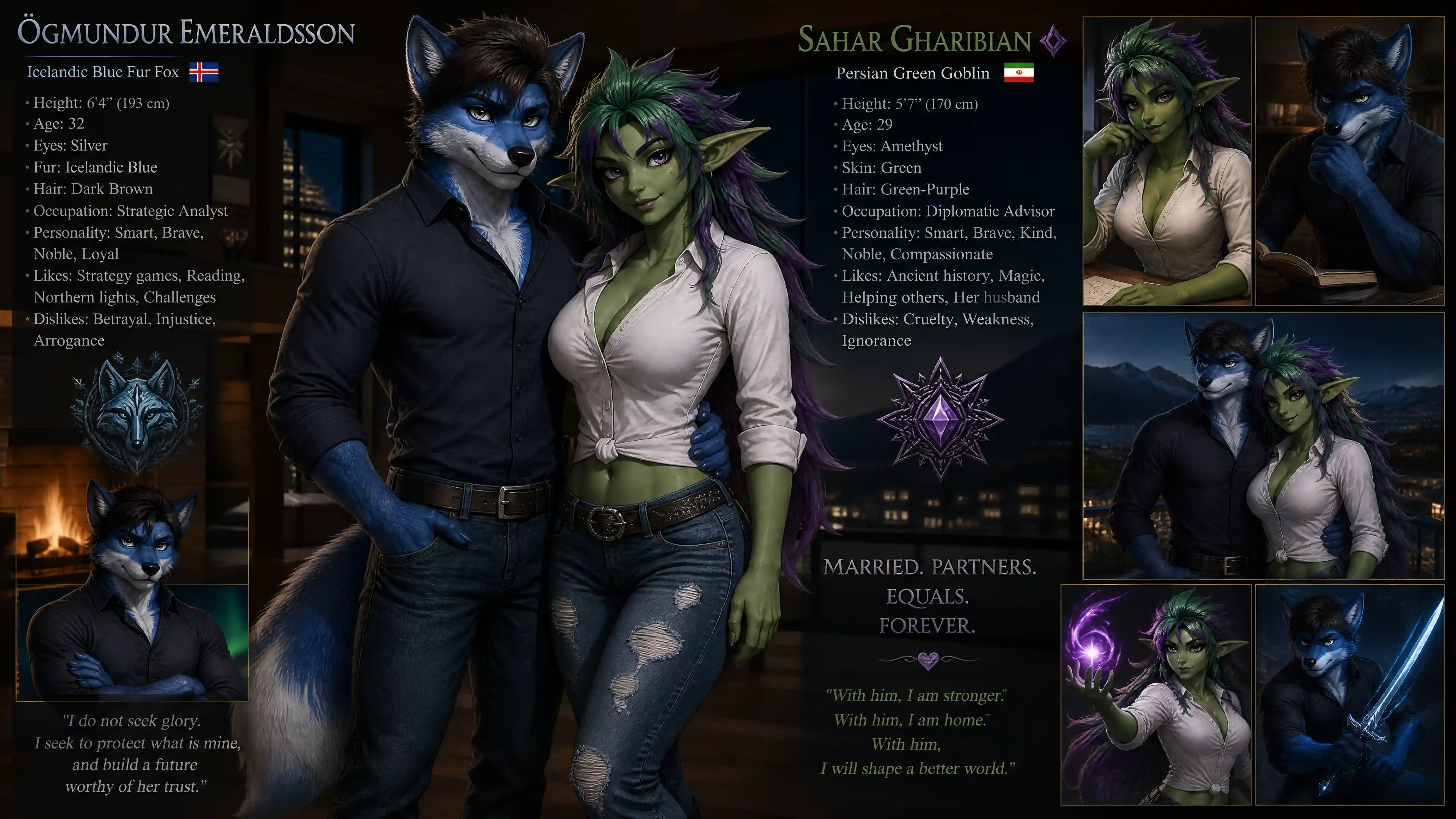 Coppia fantasy eroica con uomo-volpe e donna goblin