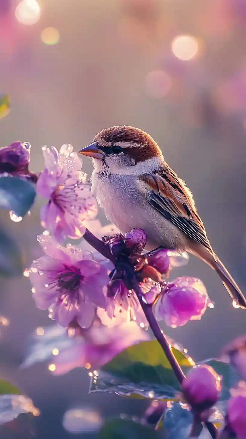 Sparrow Opening Blossoms For Sleeping Bees At Dawn