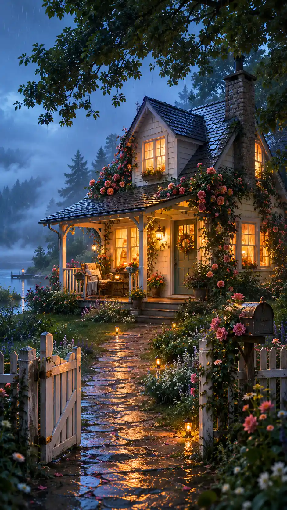 Cozy cottage glowing with warm light in gentle rain
