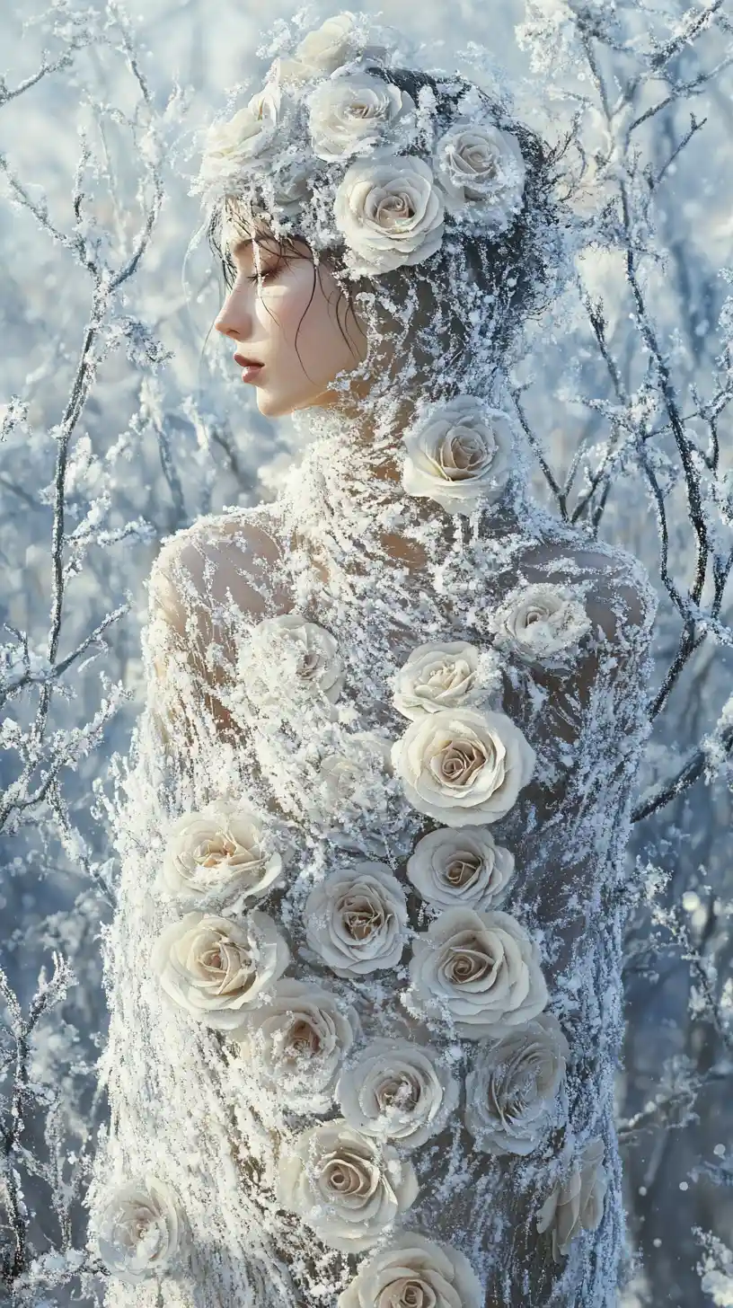 Donna Avvolta in Rose Ghiacciate in un Frutteto Innevato