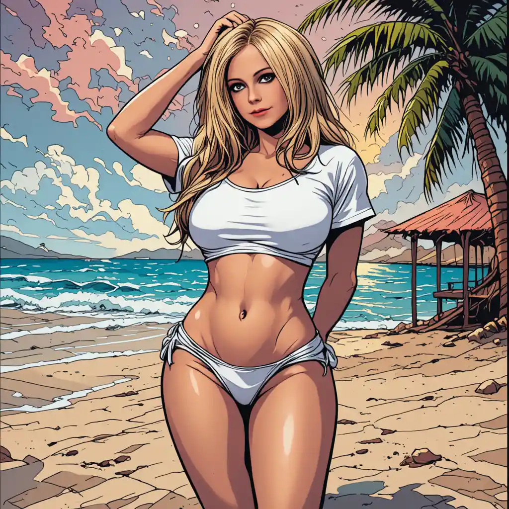 Curvy woman in bikini and t shirt posing on sunny beach