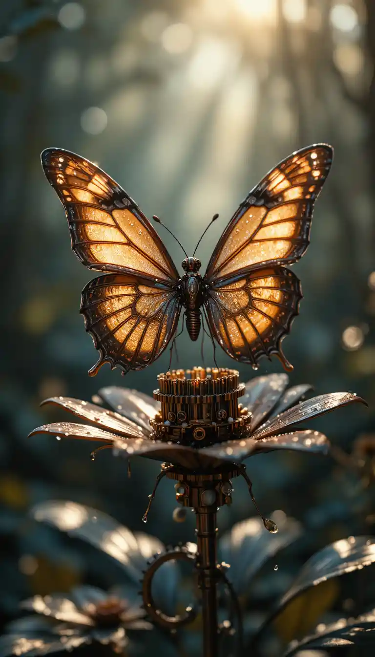 Mechanical butterfly on a steampunk metallic flower