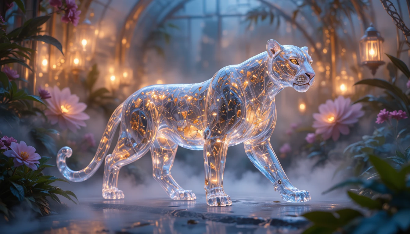 Crystal leopard guardian in a misty nocturnal glasshouse