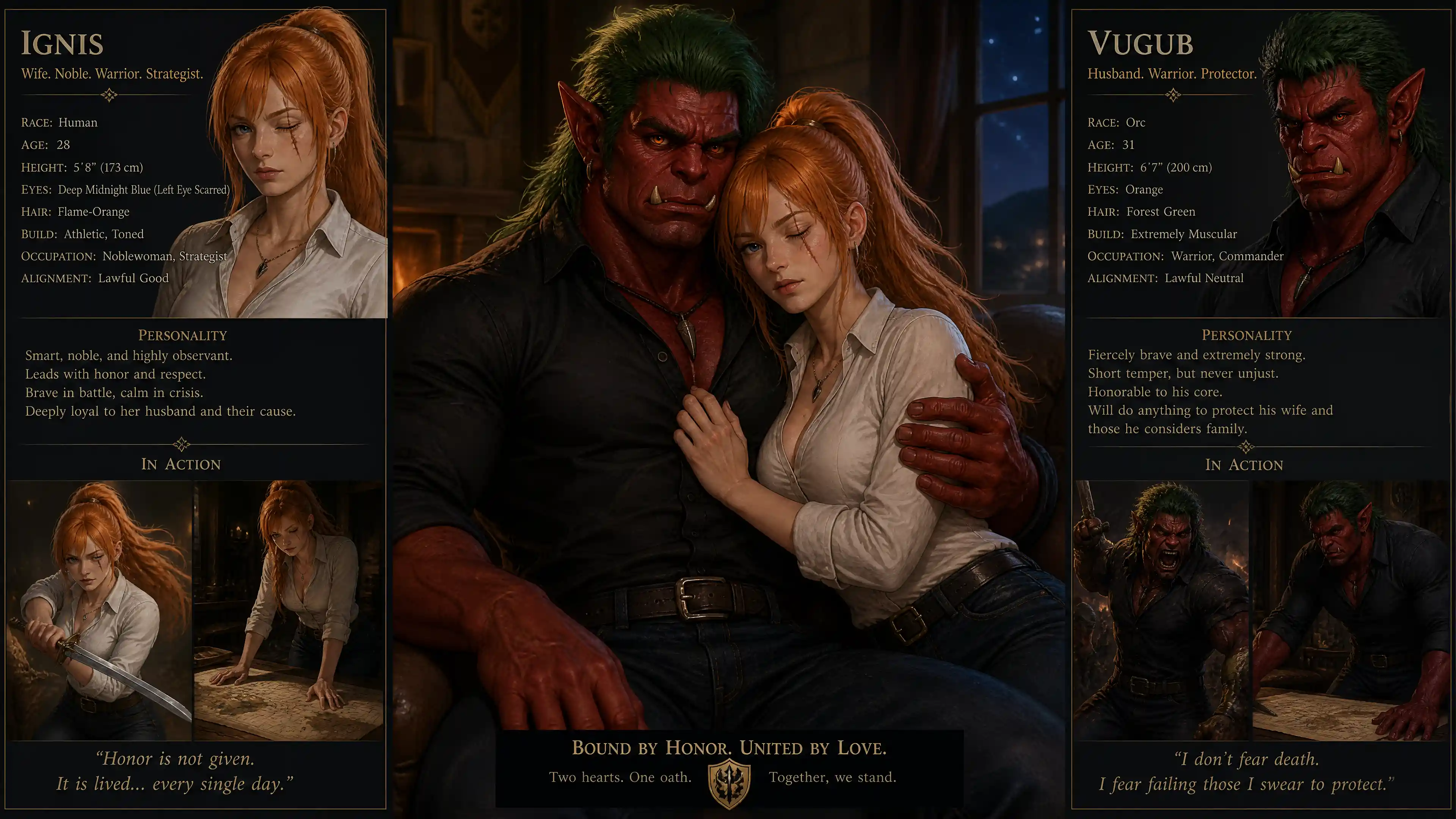 Scarred orange haired woman with closed midnight blue eye