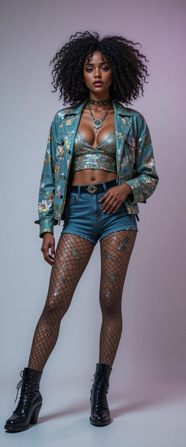 Curly haired urban woman in chic rapper inspired outfit