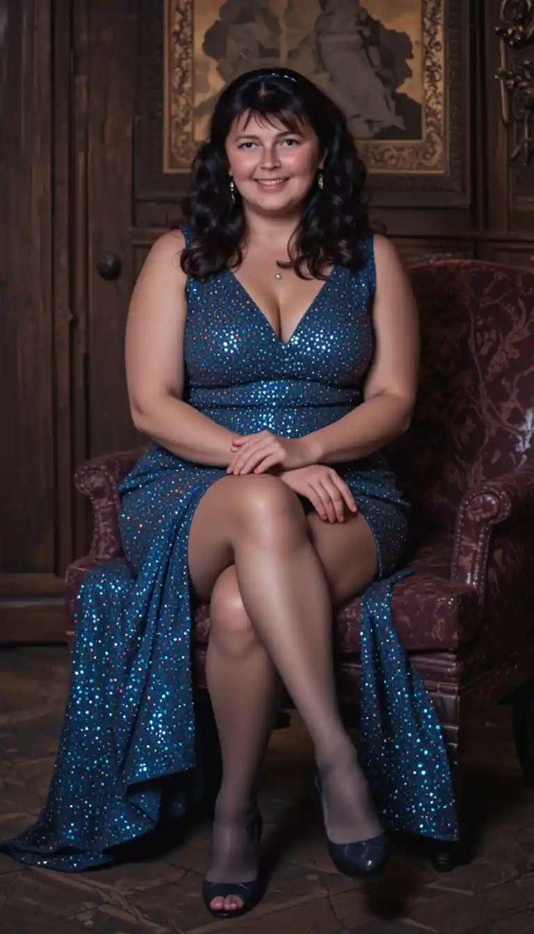 Confident middle aged woman in sequin dress sitting