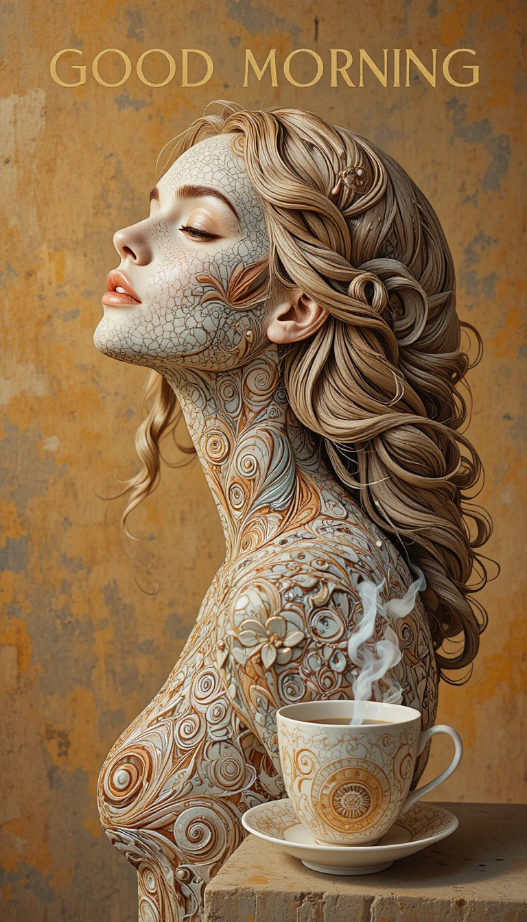 Young woman enjoying sunrise with flowing zentangle hair
