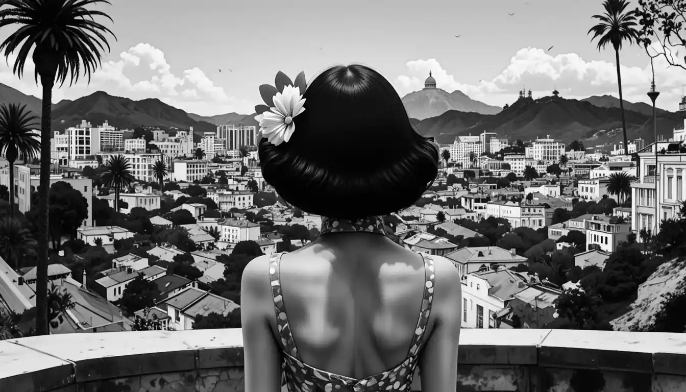 Black and white close up of a glamorous woman in city