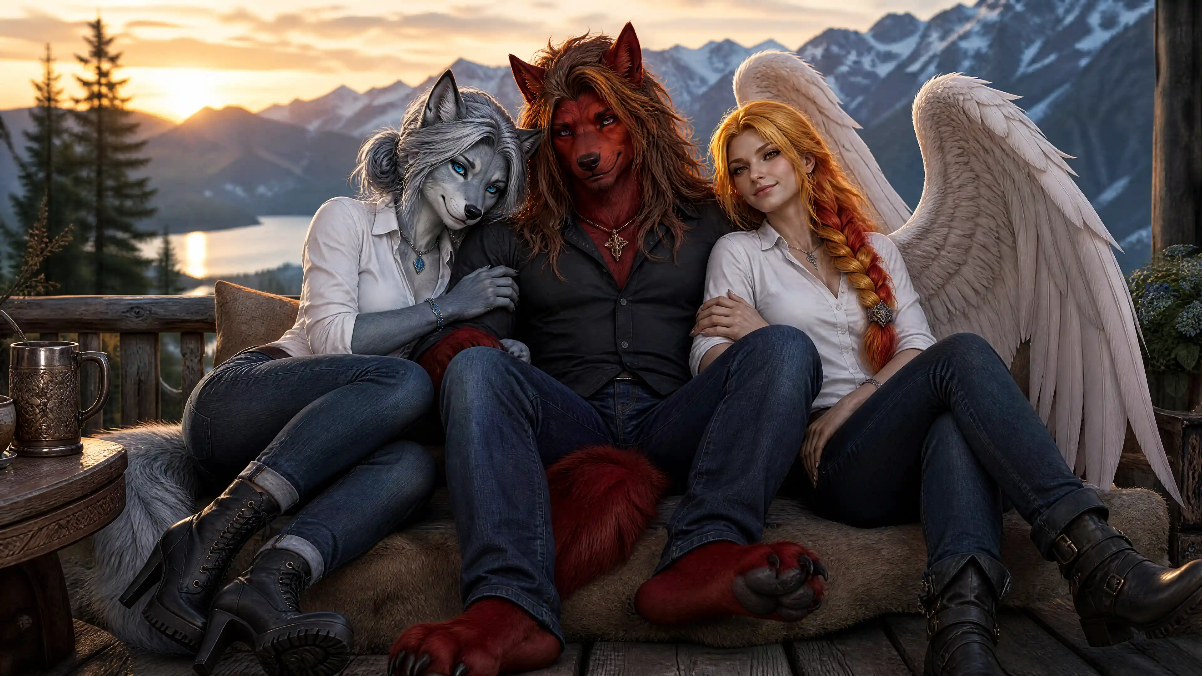 Silver blue wolf anthro woman in casual modern clothing