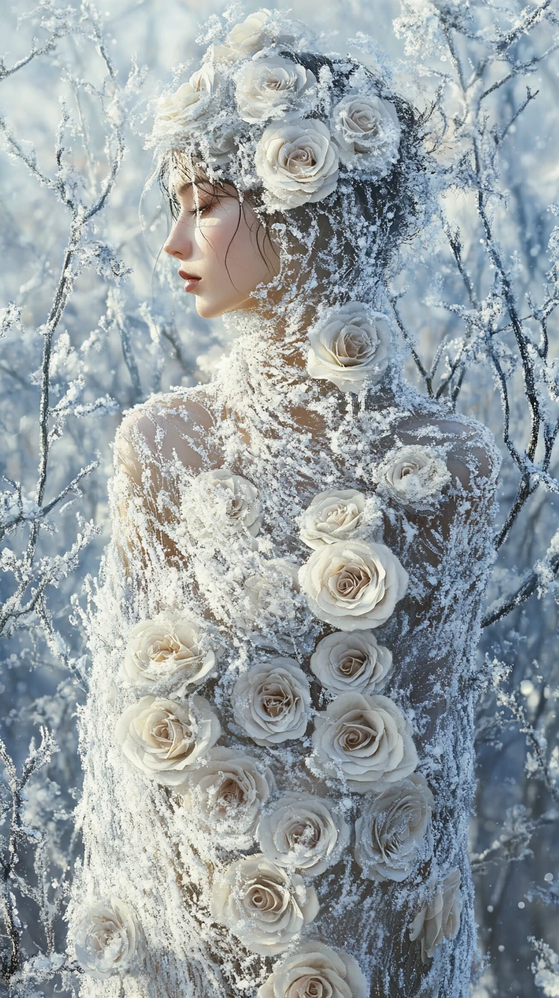 Woman Wrapped In Frosted Roses In A Snowy Orchard