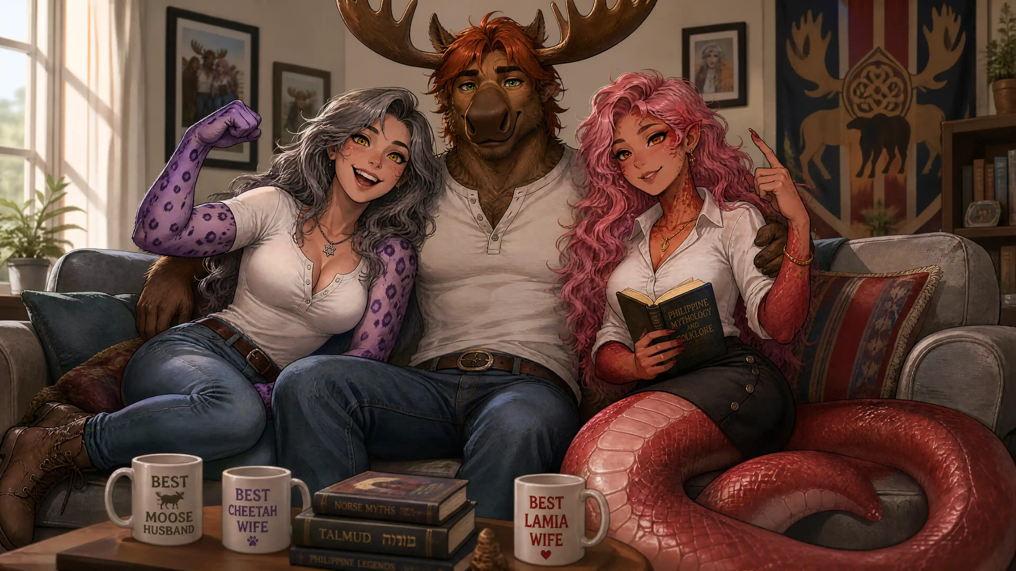 Cheerful fantasy woman with purple cheetah arms in casual clothes
