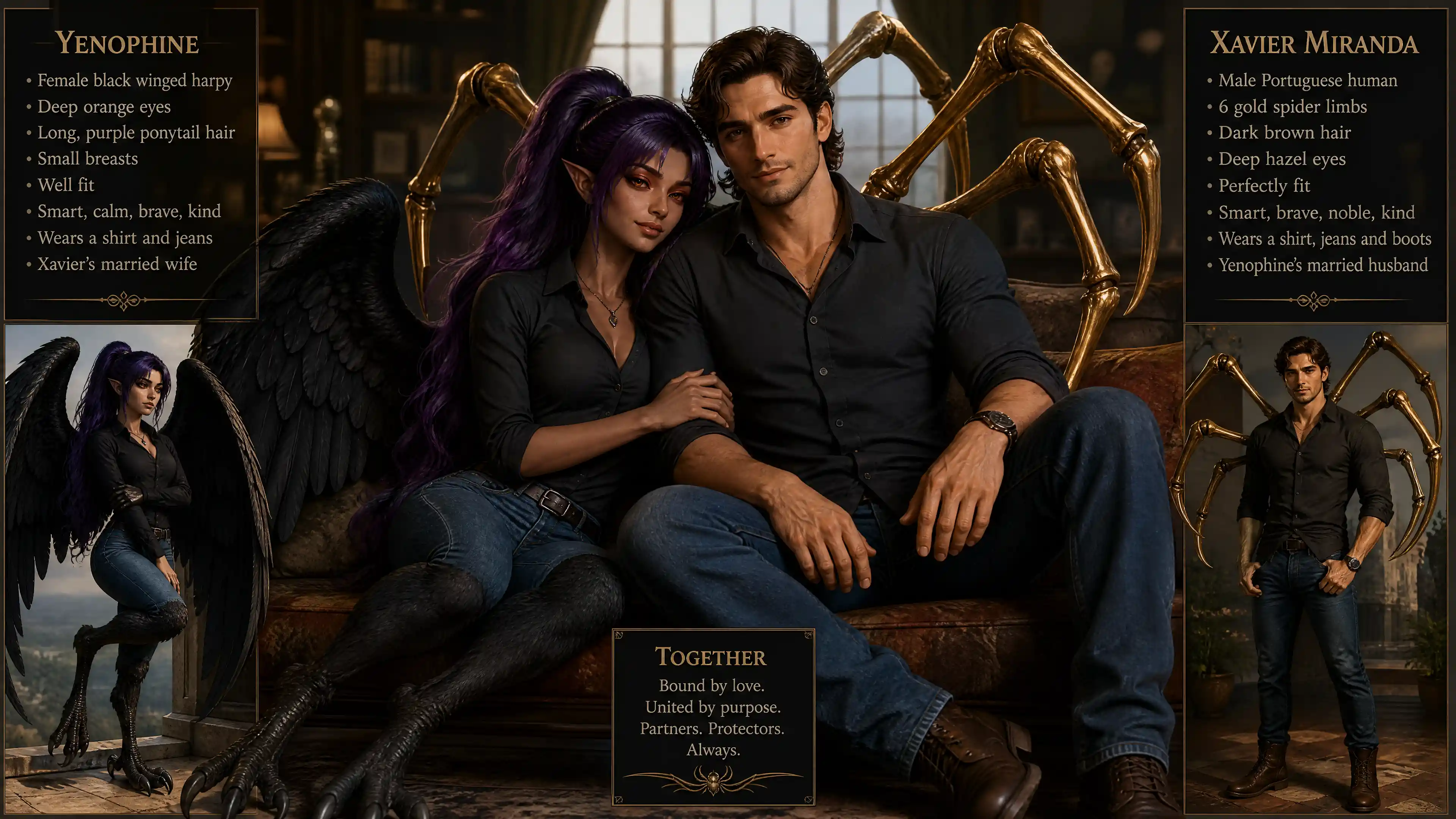 Calm black winged harpy woman with long purple hair