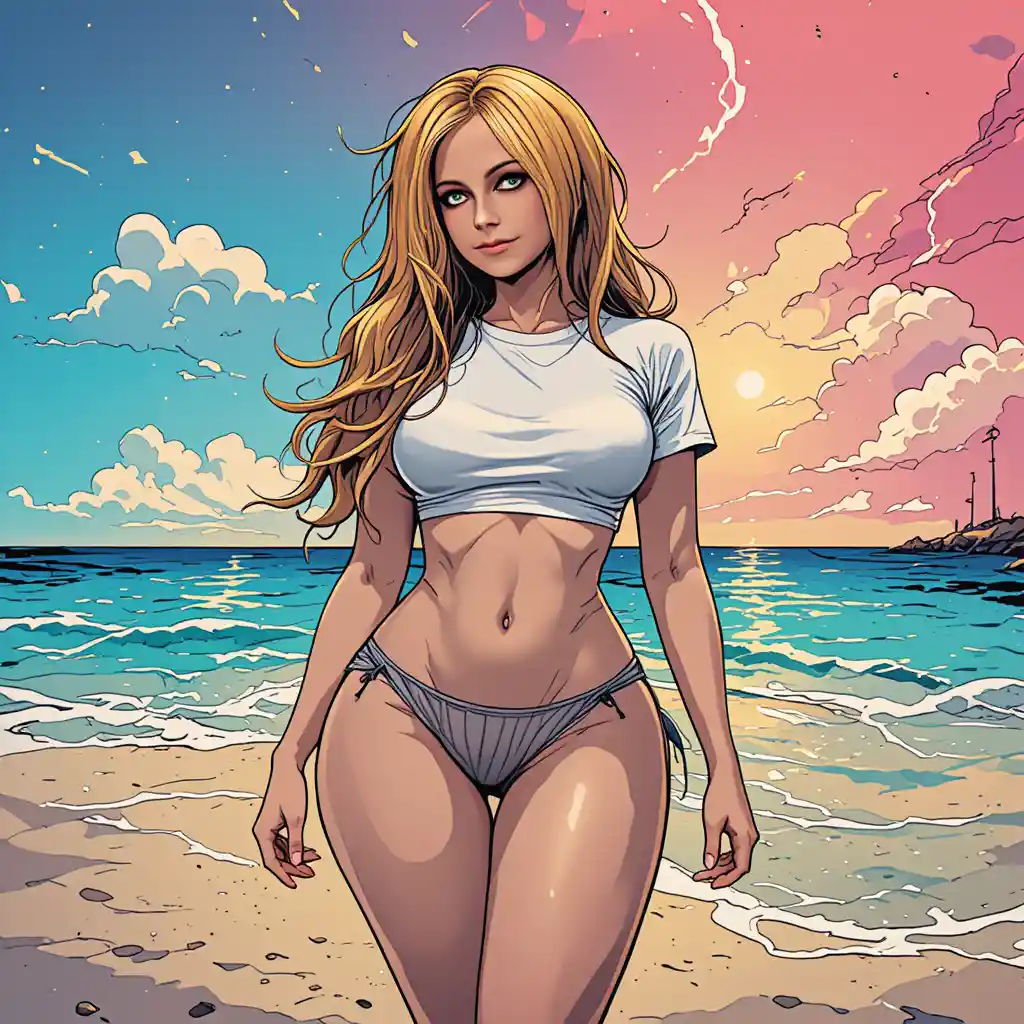 Curvy woman in bikini and t shirt posing on sunny beach