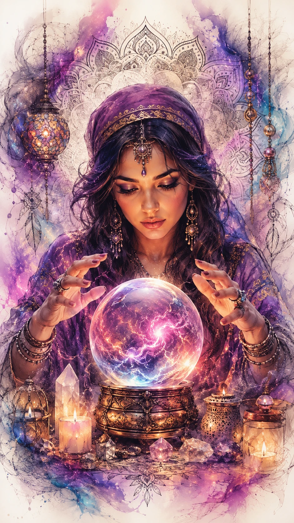 Adivina mística con bola de cristal brillante en arte mandala