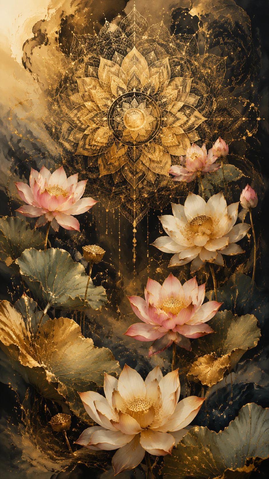 Ilustración de mandala de loto dorado con fondo abstracto fluido