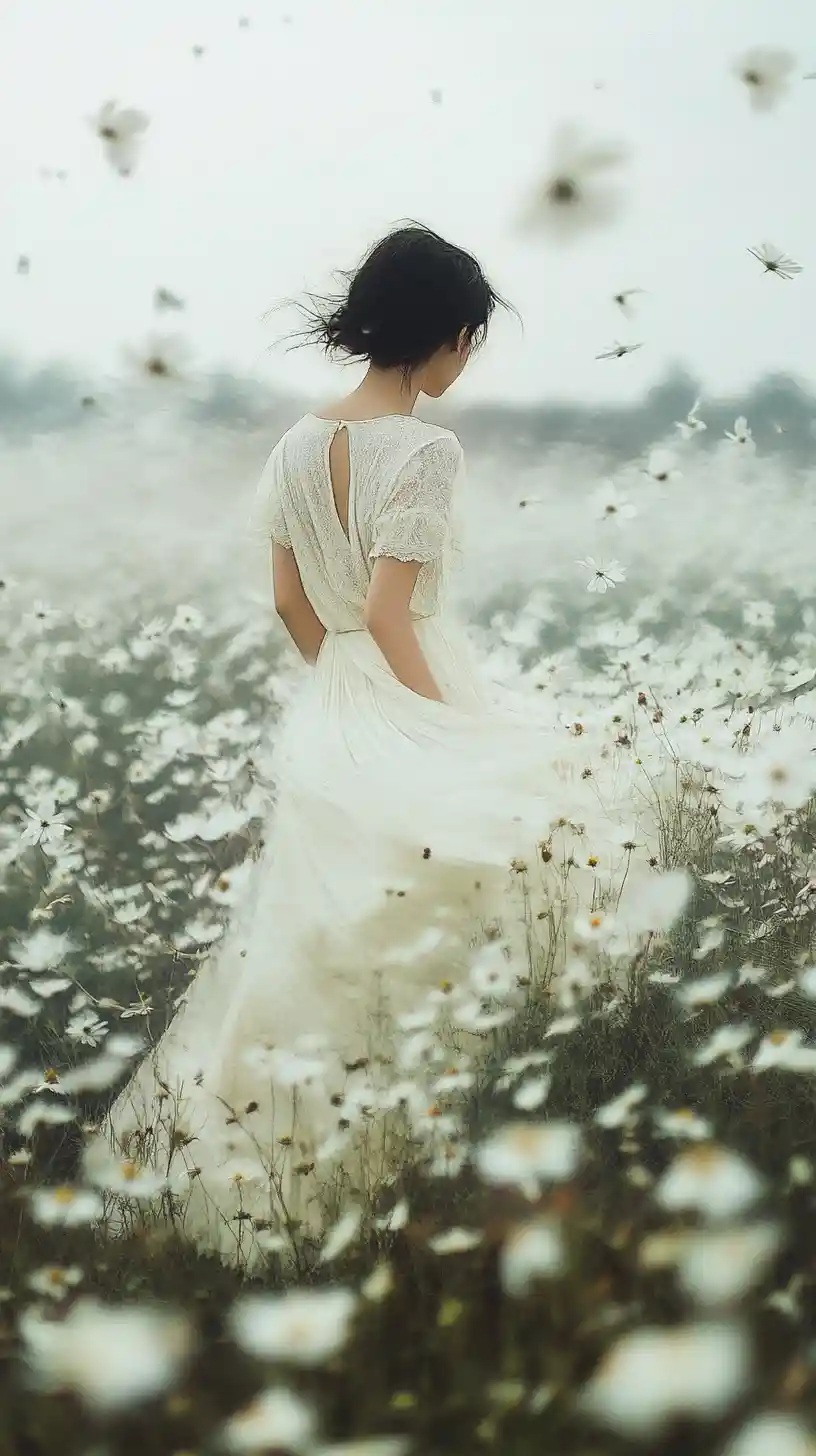Donna in un prato infinito di fiori di campo bianchi