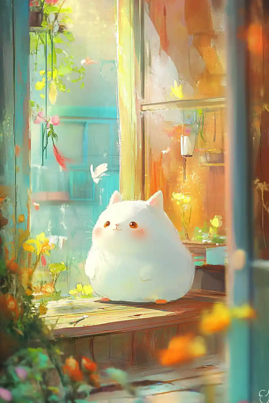 Whimsical cute anime illustration in bright pastel colors