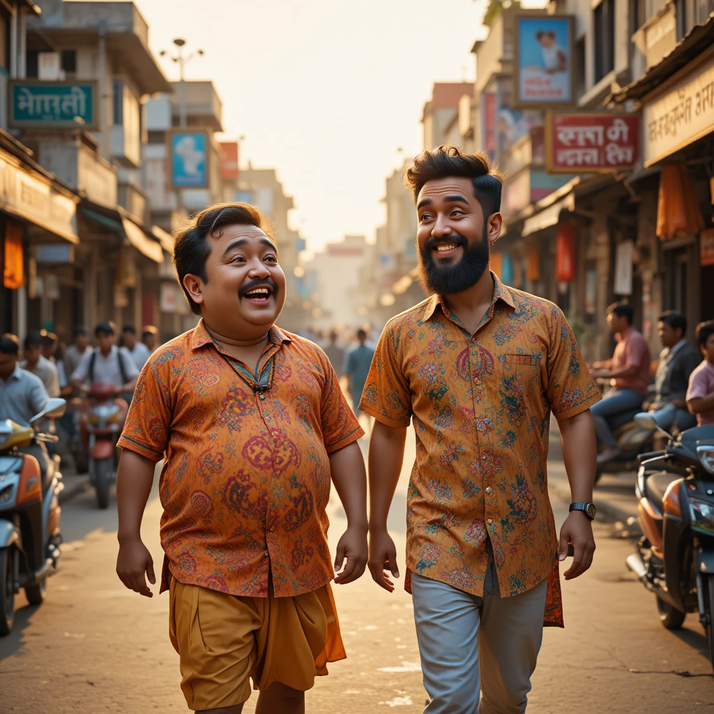 Two friends walking through a lively Mau city street