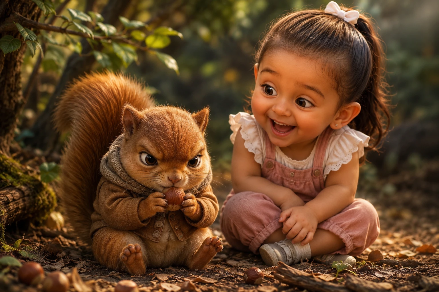 Grumpy Squirrel Eating A Nut Beside Laughing Little Girl
